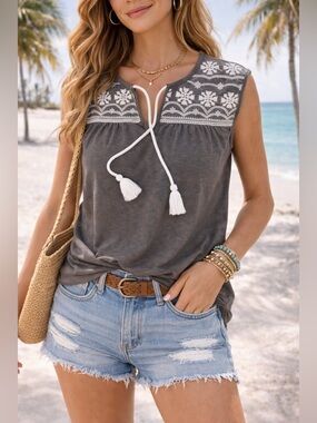 Lucky Brand Gray Sleeveless Embroidered Tassel Tie Camisole